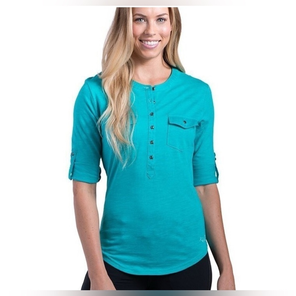Kuhl  Khloe Henley Top Teal 3/4 Sleeve Roll Tab Aqua Size Small